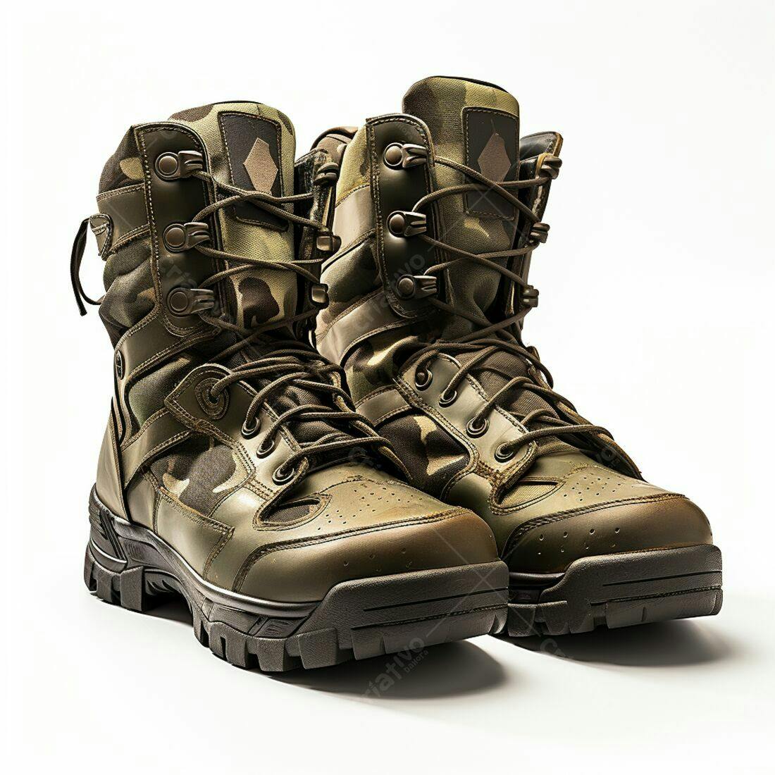Botas militares camufladas em fundo branco