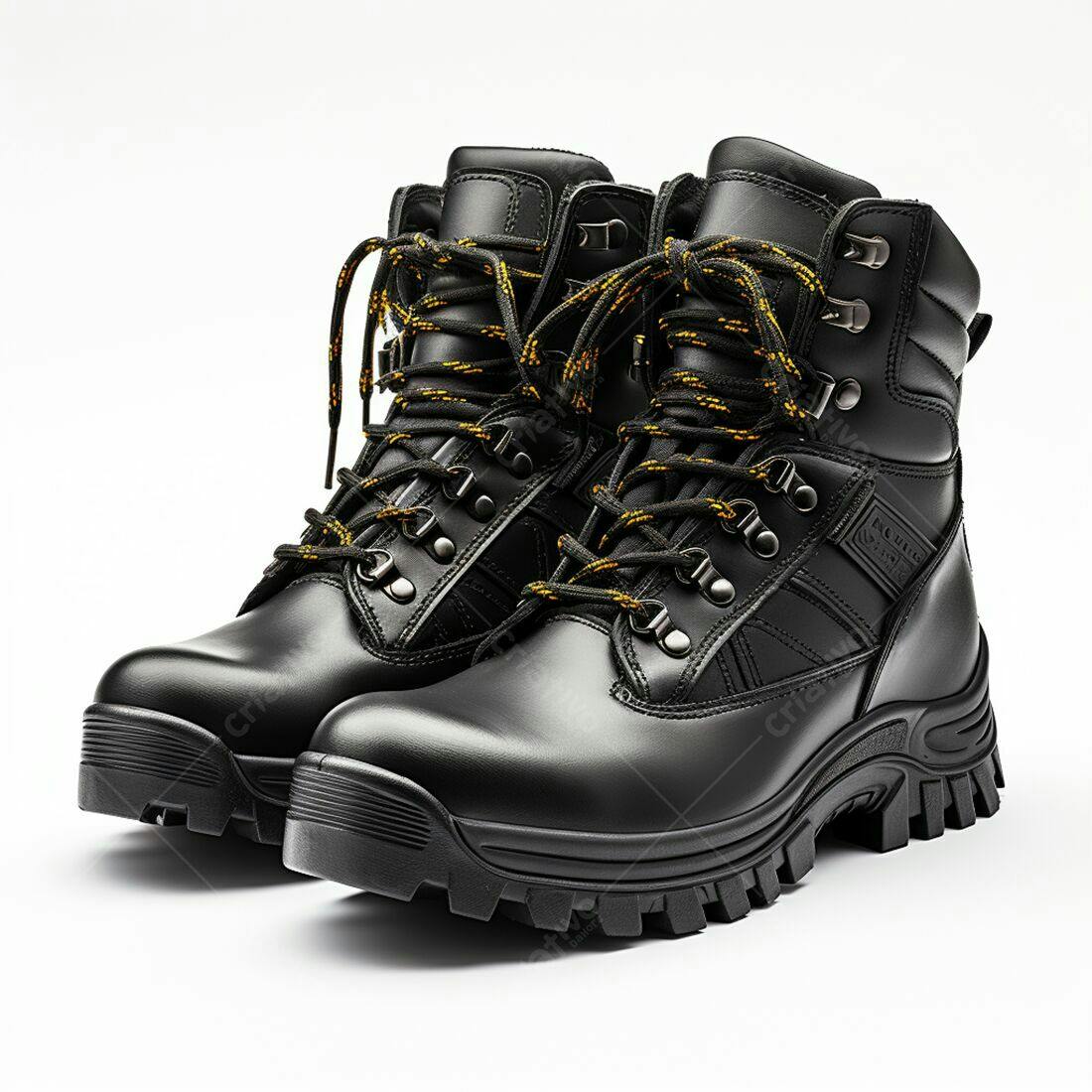 Botas de Couro Pretas com Cadarços Amarelos
