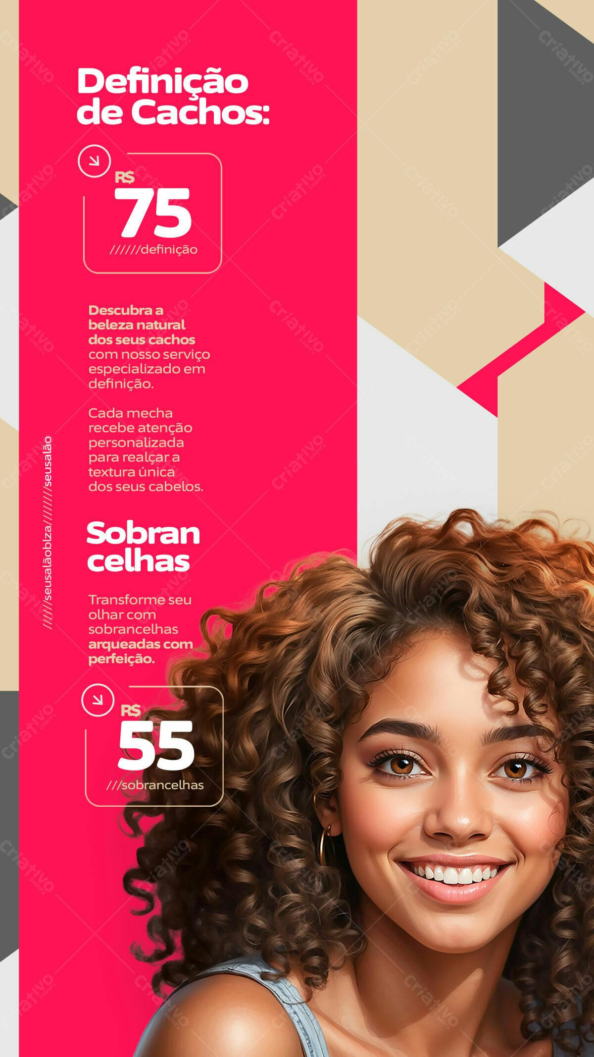 Flyer para Salão de Beleza com Promoção de Cachos e Sobrancelhas PSD Editável