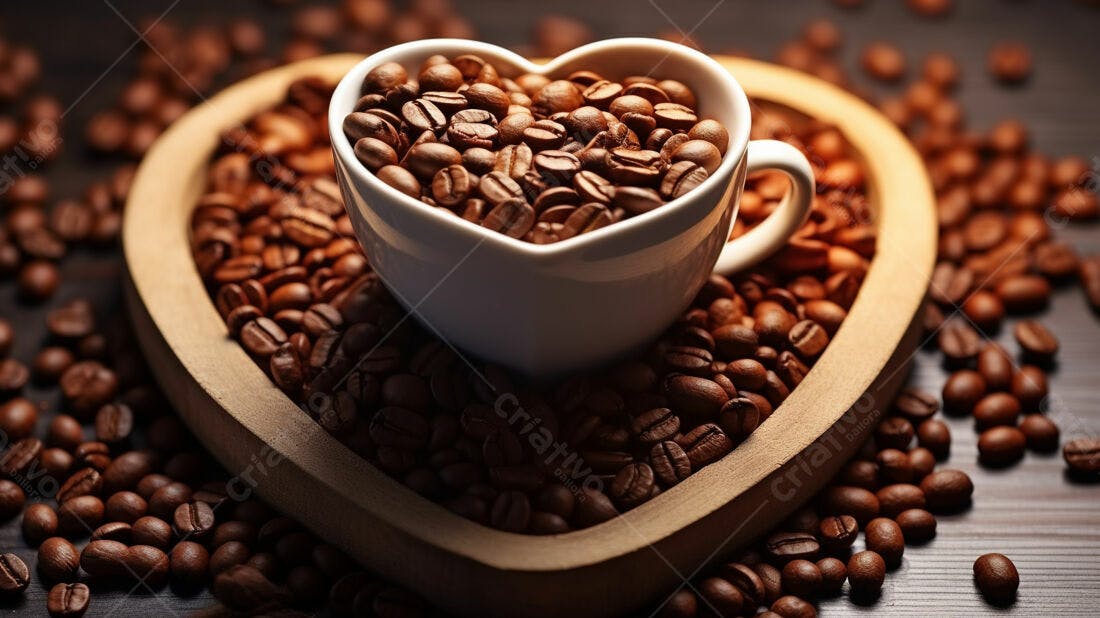 Xícara em formato de coração com grãos de café