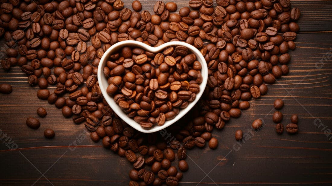 Grãos de café em coração em superfície de madeira