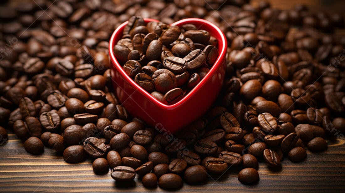 Grãos de café em coração vermelho