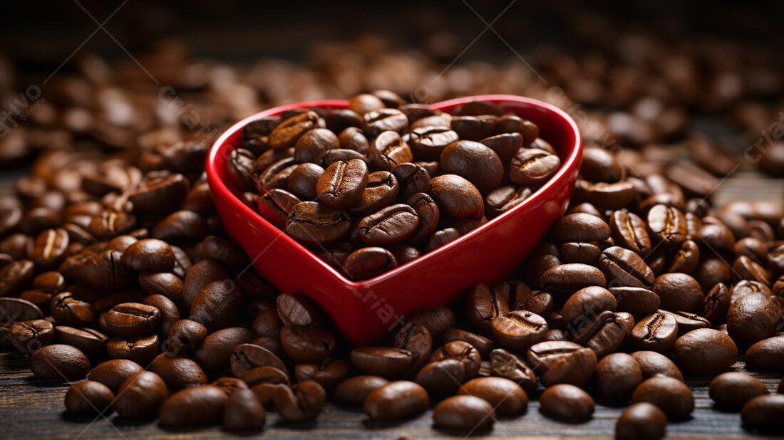 Grãos de café em coração vermelho