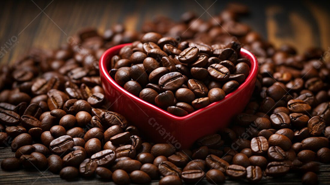 Grãos de café em vasilha coração vermelha