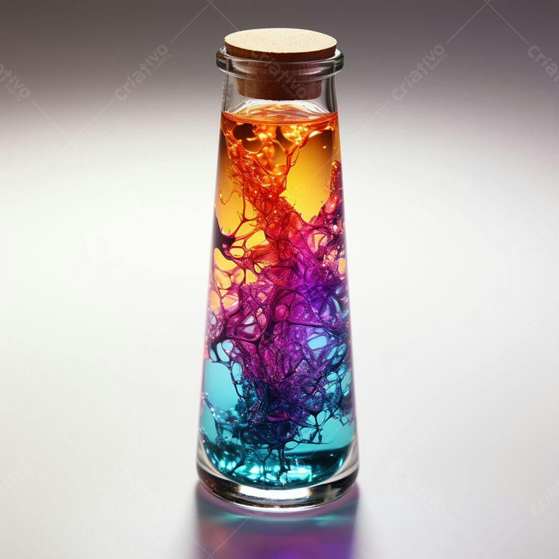Frasco de vidro com líquido multicolorido