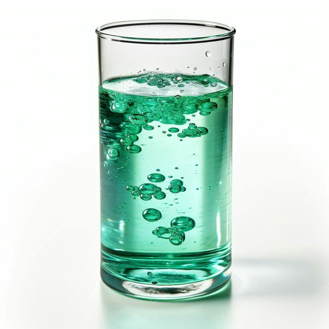 Líquido verde com bolhas em copo de vidro