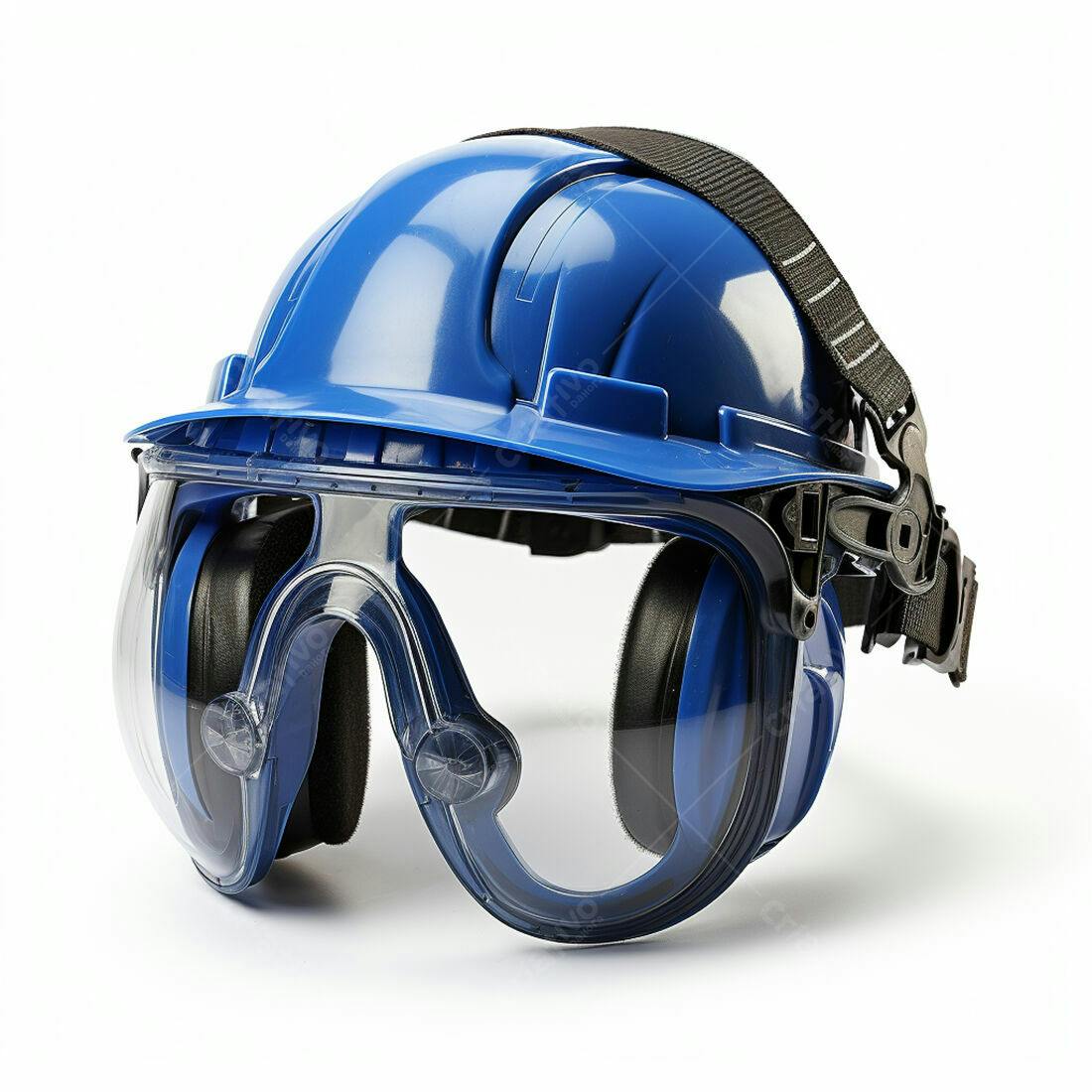 Capacete azul com óculos e protetor auricular