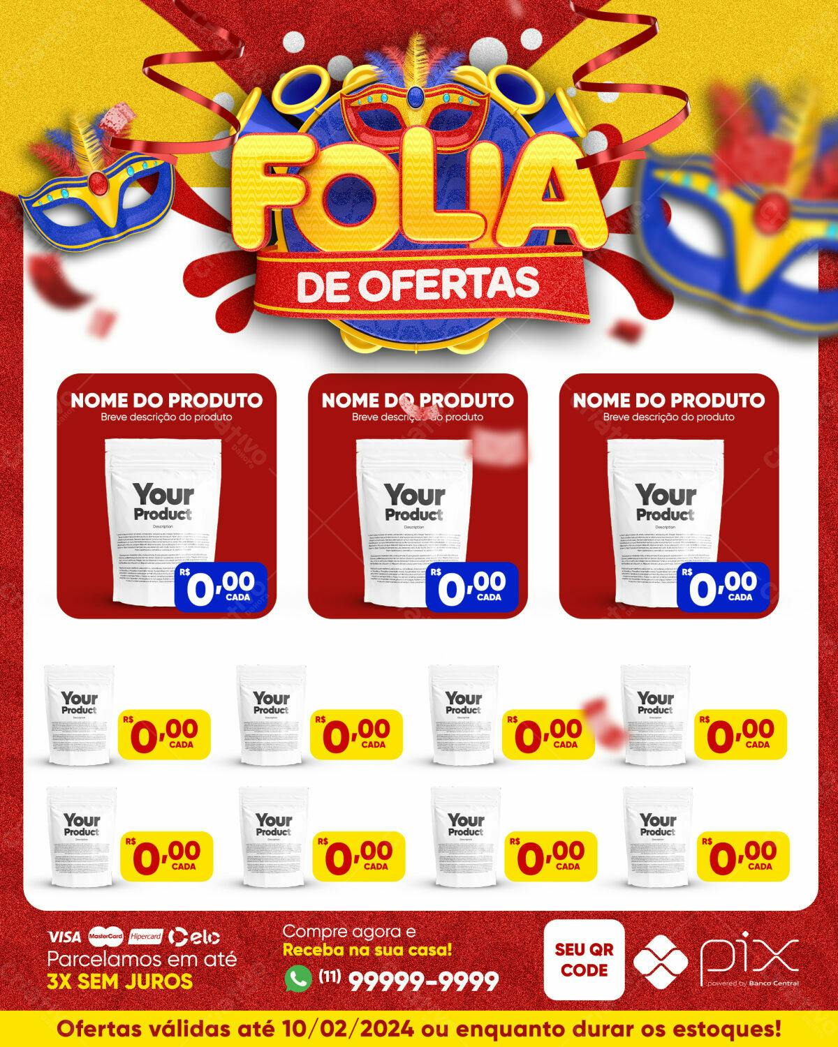Flyer Carnaval Folia de Ofertas PSD Editável