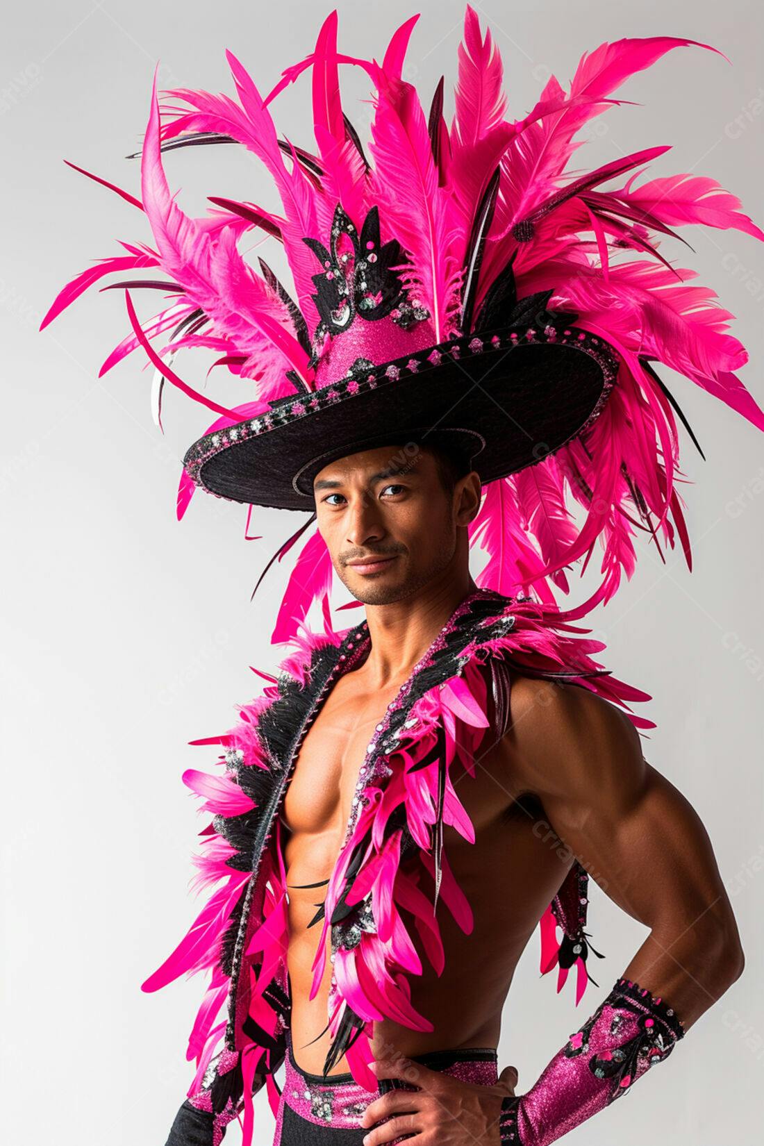 Homem com fantasia rosa e preta de penas