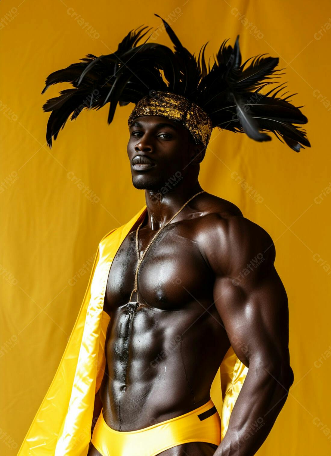 Modelo Masculino com Penas e Roupa Amarela