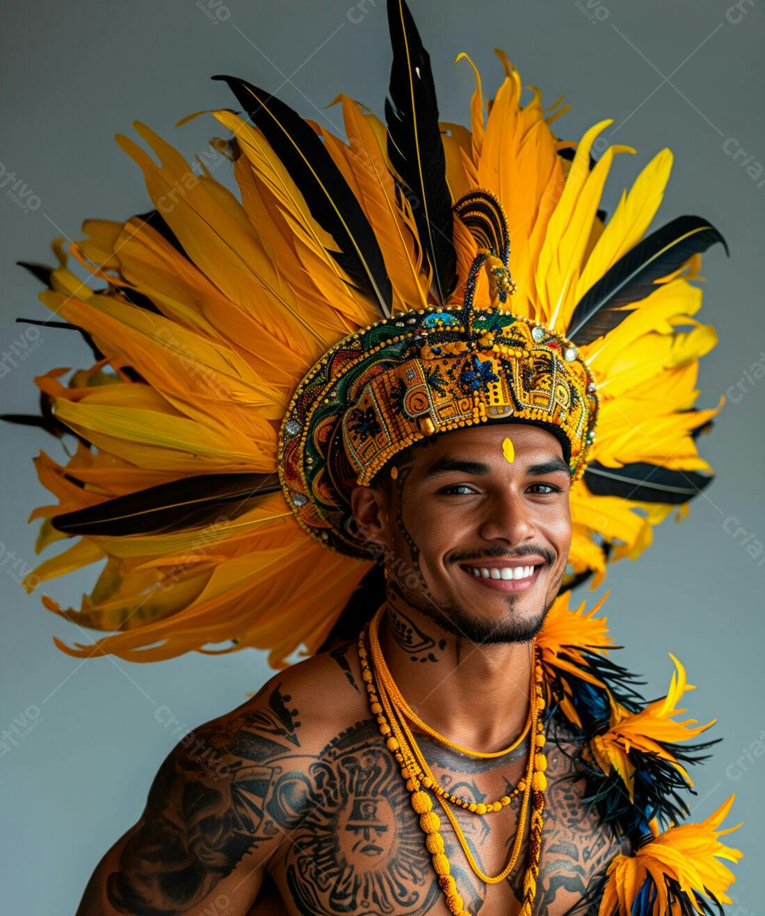 Homem sorridente com cocar de penas amarelas e pretas