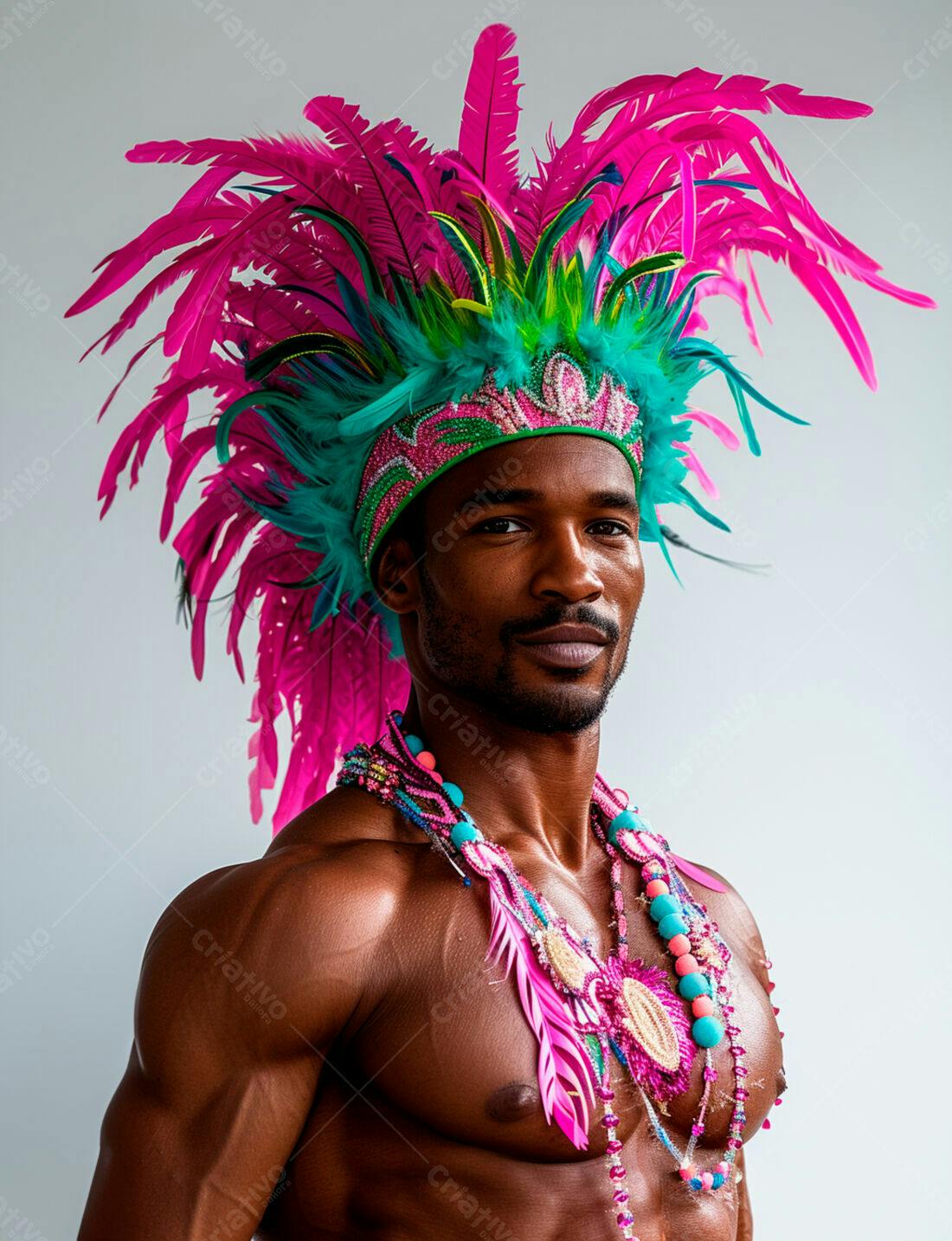 Homem negro com adereço de penas rosa e turquesa