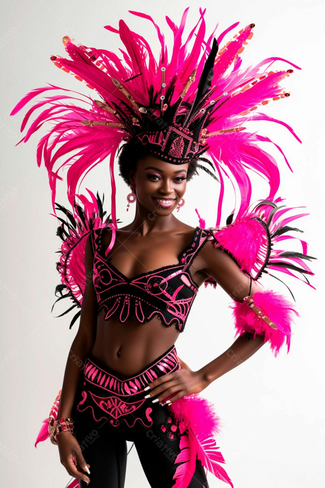 Modelo negra em fantasia rosa e preta Carnaval