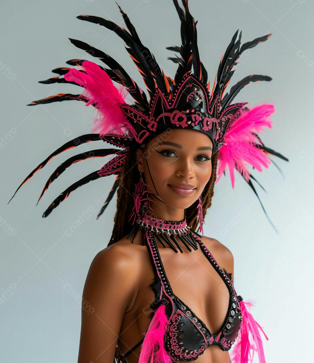 Modelo com fantasia de carnaval rosa e preta