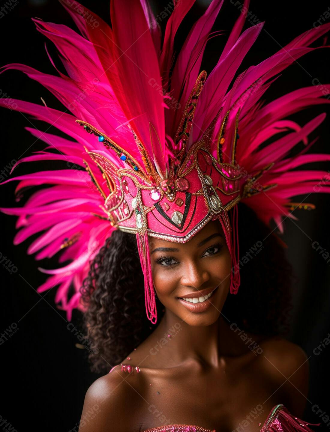 Modelo negra com fantasia rosa de carnaval