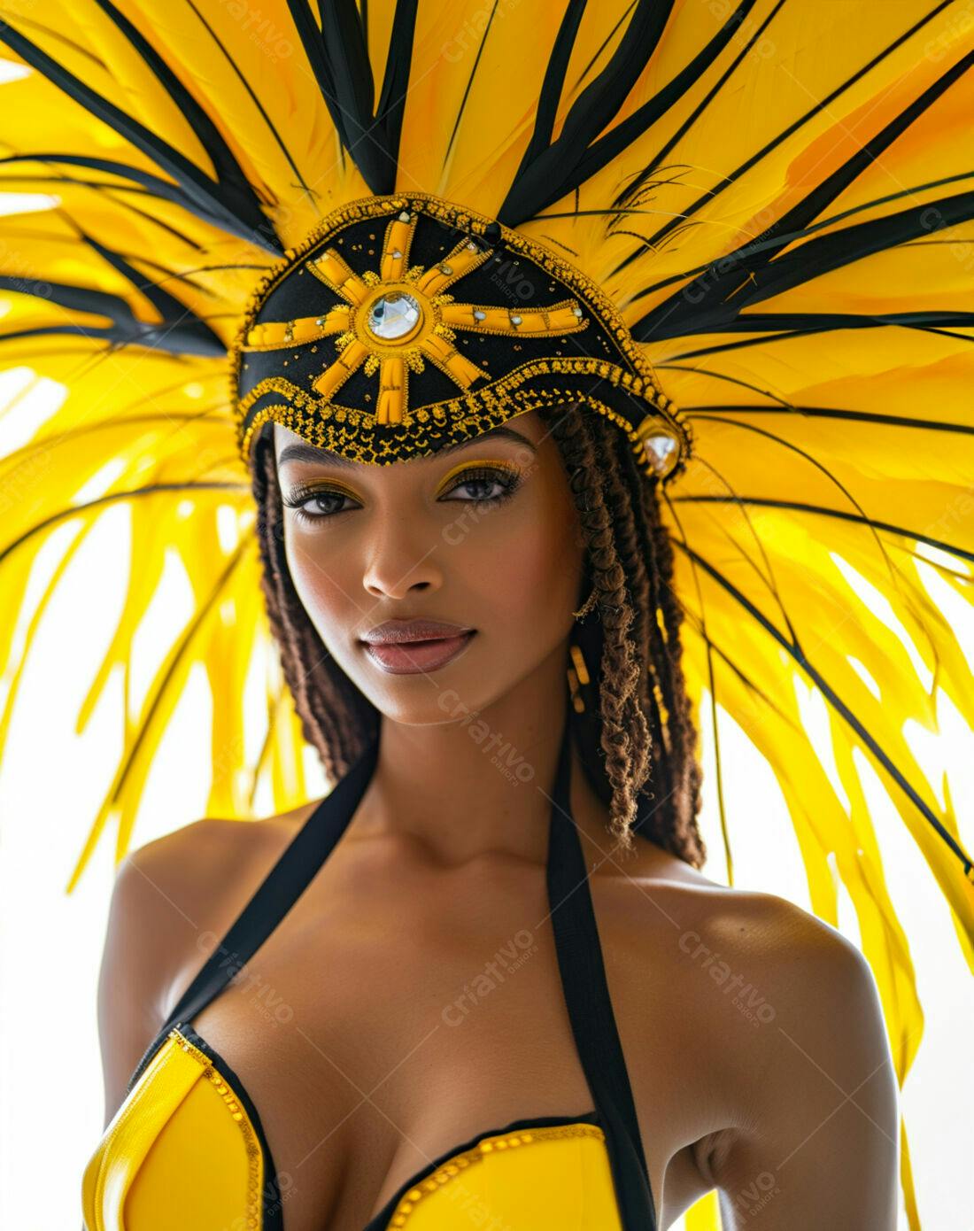 Modelo com fantasia de carnaval amarela e preta