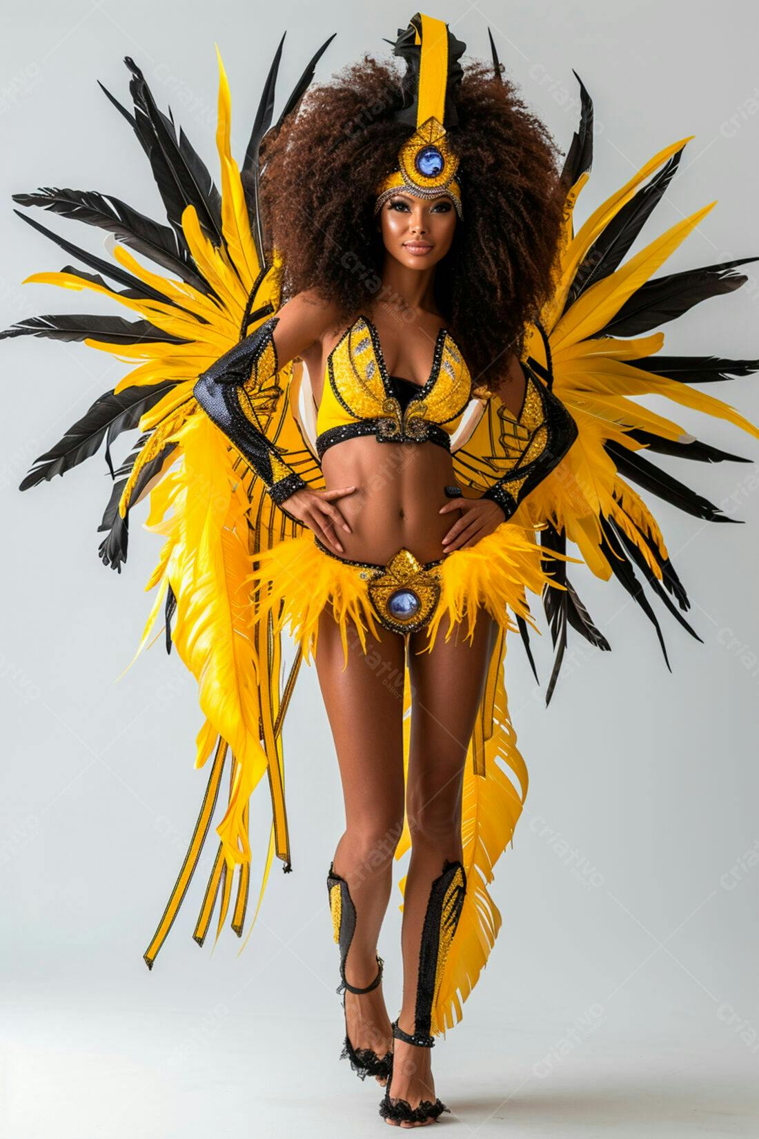 Mulher negra em fantasia de carnaval amarela e preta