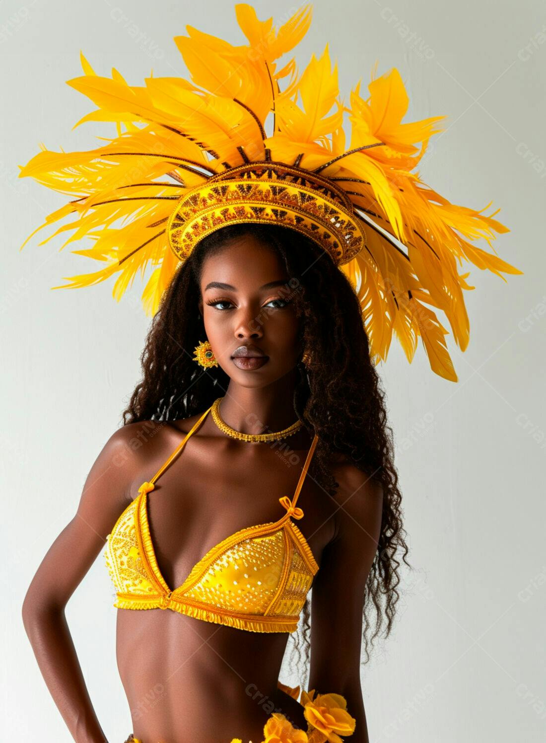 Modelo negra com fantasia amarela de penas