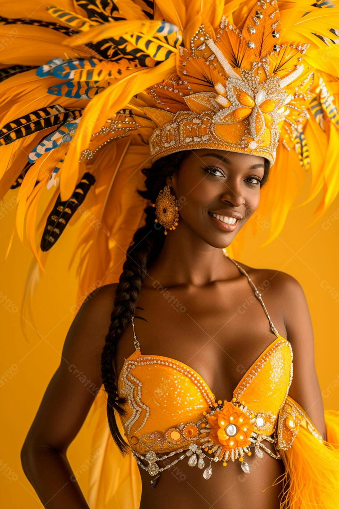 Modelo com fantasia amarela em Carnaval