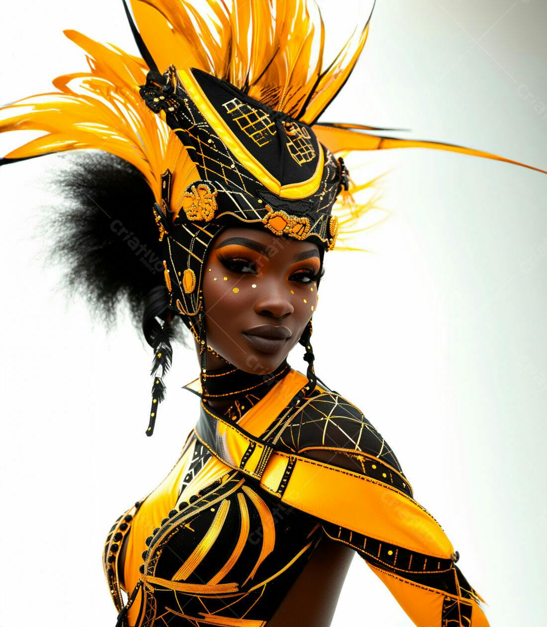 Modelo negra com fantasia carnavalesca amarelo e preto