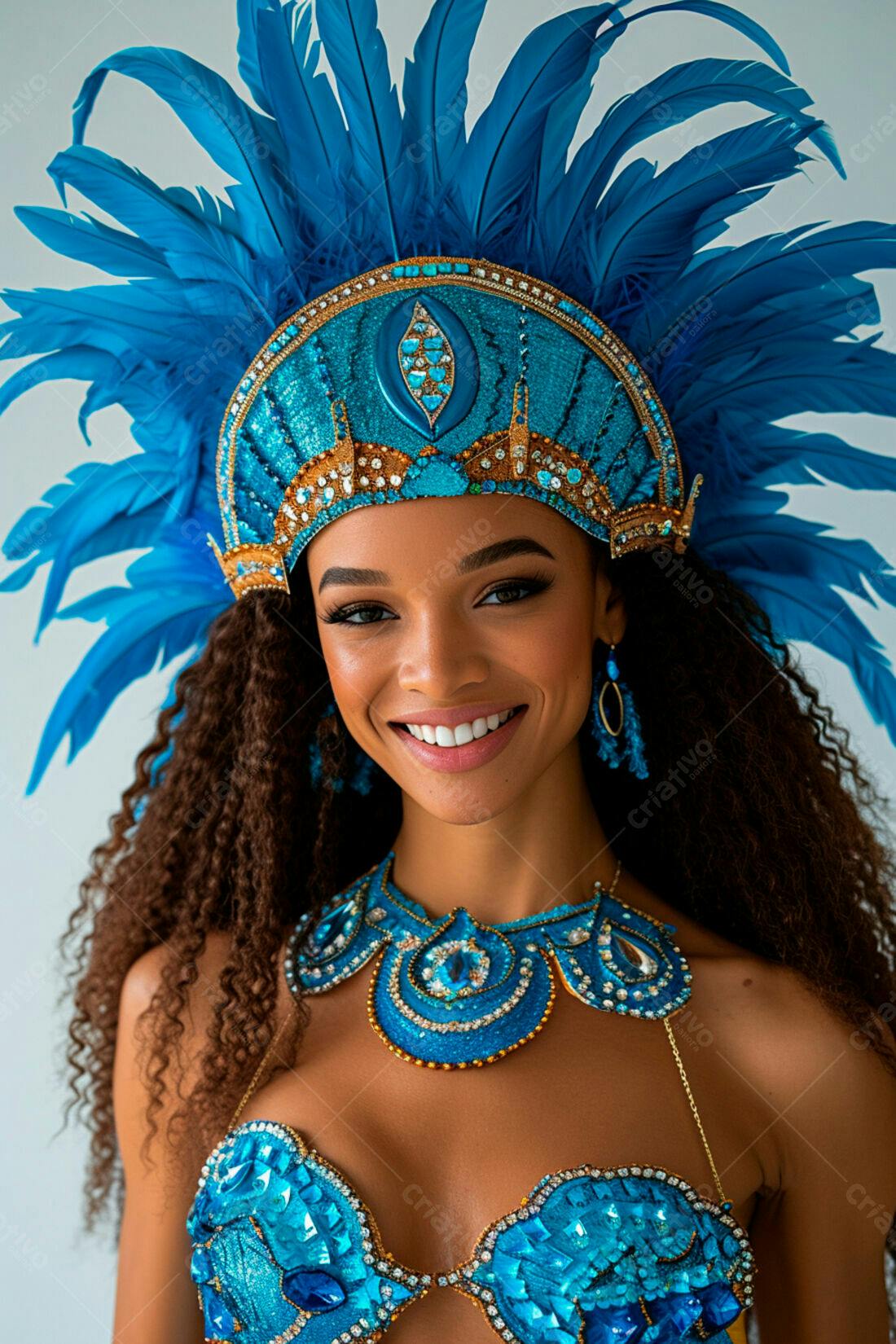 Modelo sorrindo com fantasia azul de carnaval