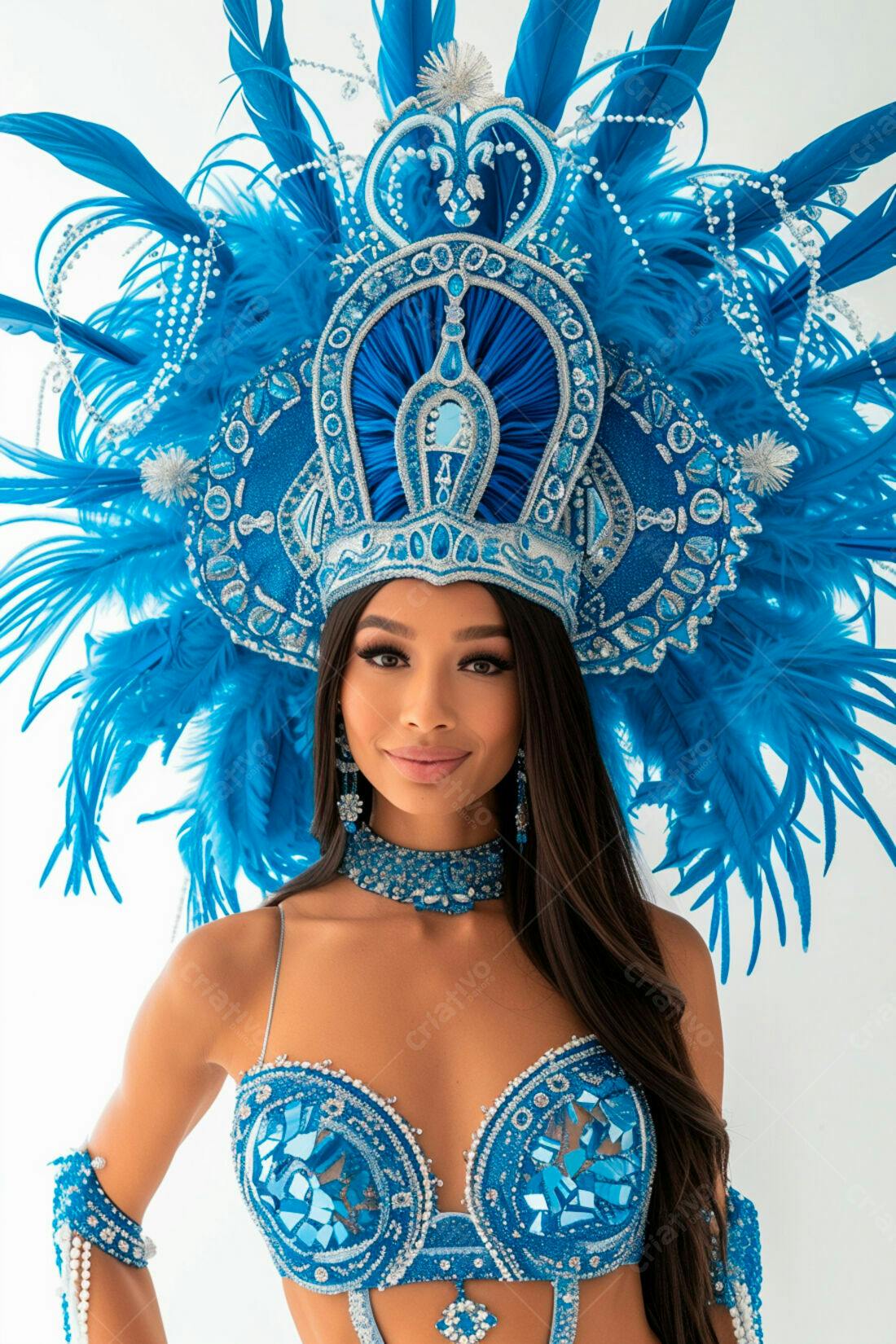 Mulher com fantasia azul em penas carnaval