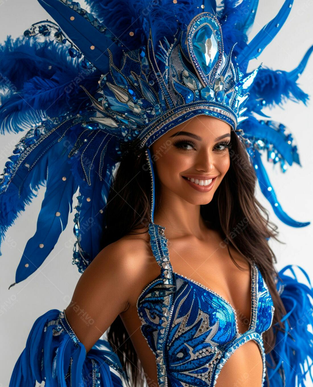 Modelo com fantasia azul em Carnaval