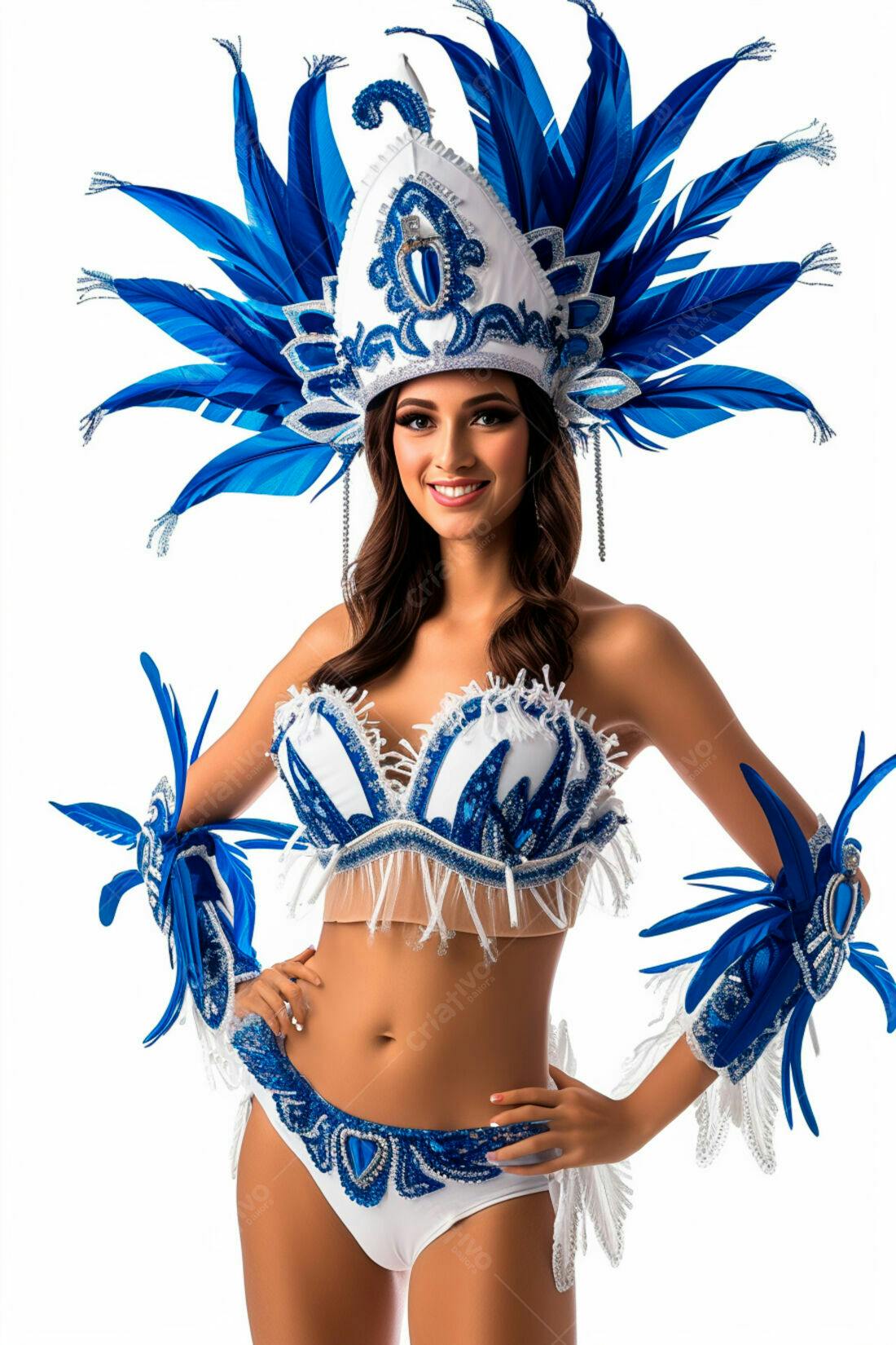 Modelo com fantasia azul e branca de Carnaval