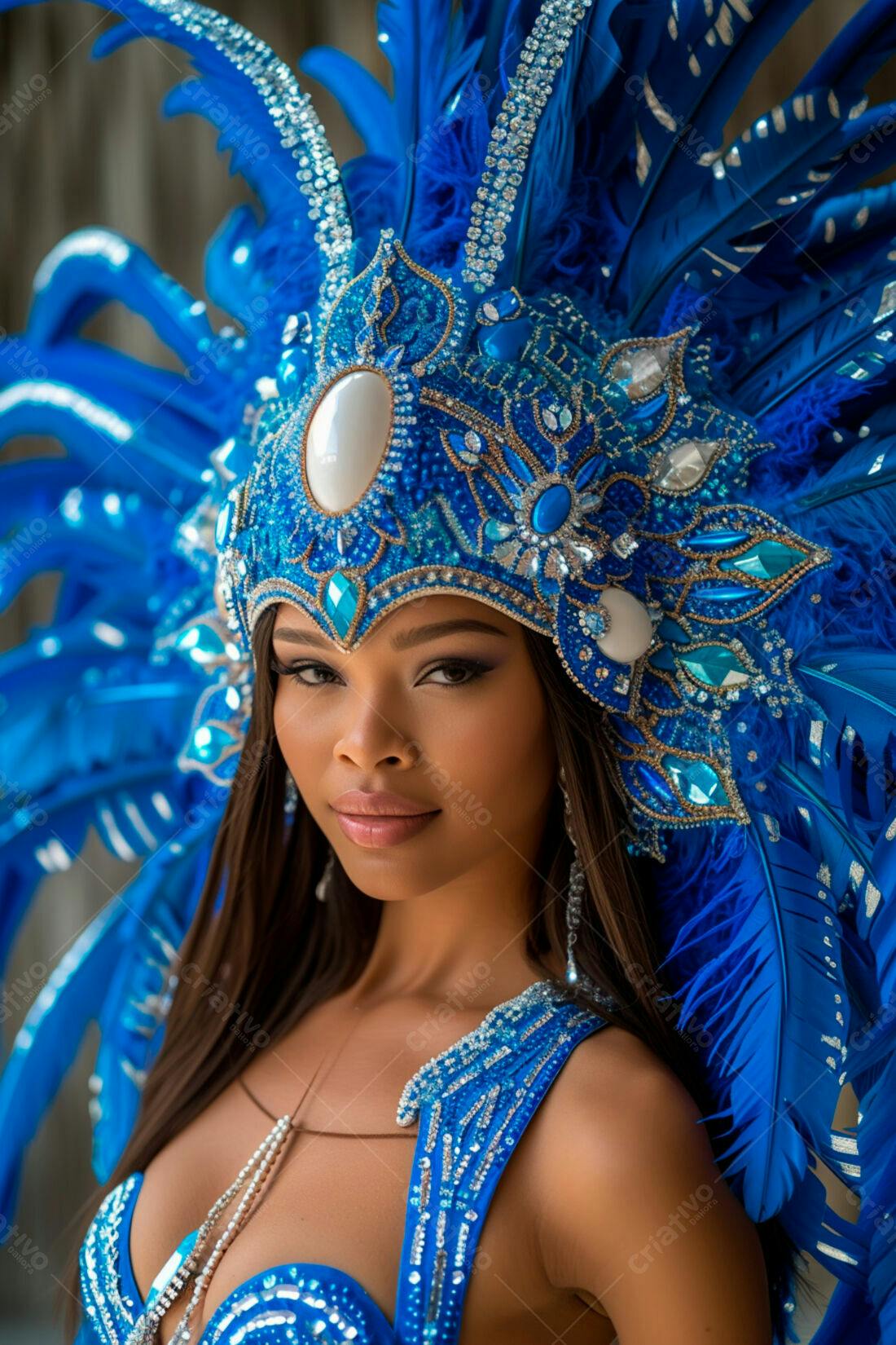 Modelo com fantasia azul e penas para Carnaval