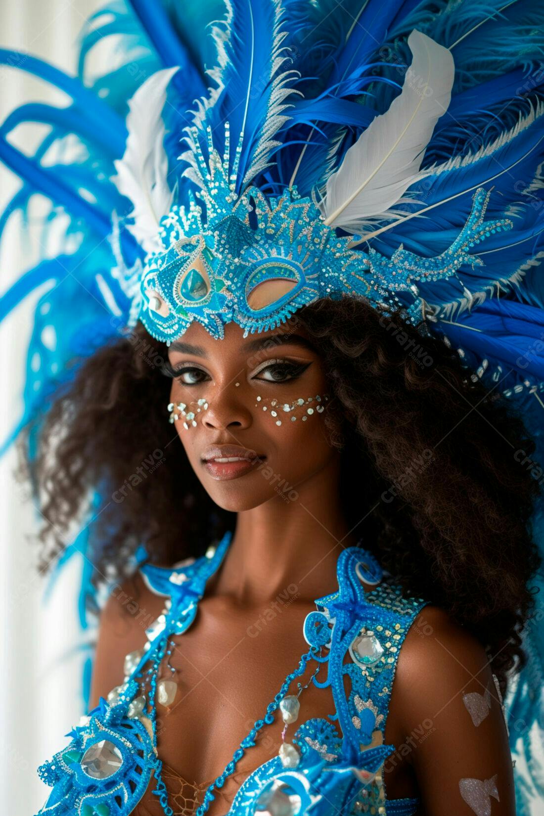 Mulher negra em fantasia azul de carnaval