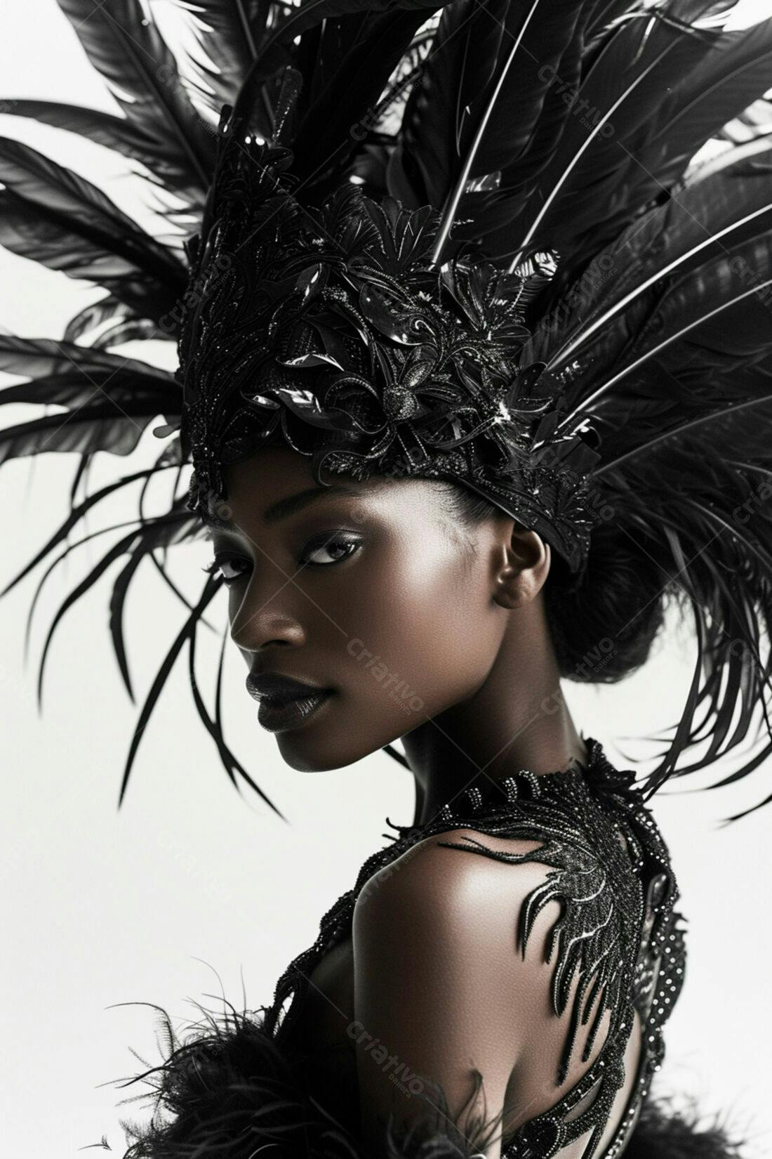 Modelo negra com adorno de penas pretas
