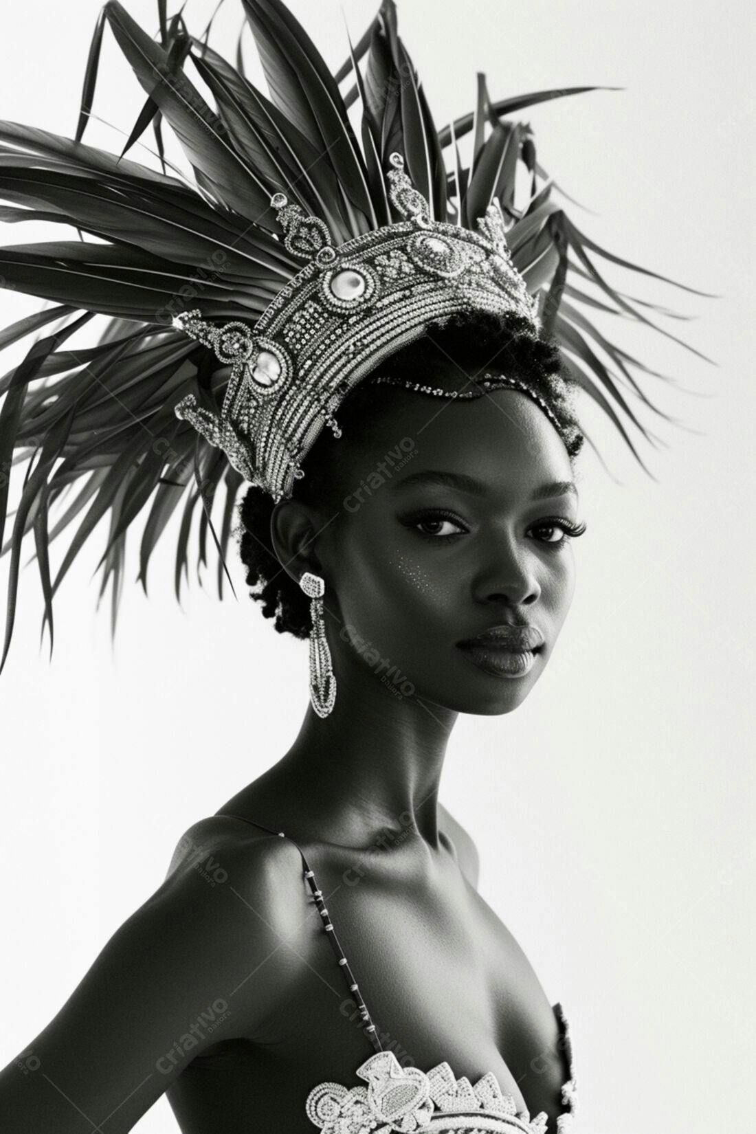 Modelo negra com coroa de penas e cristais
