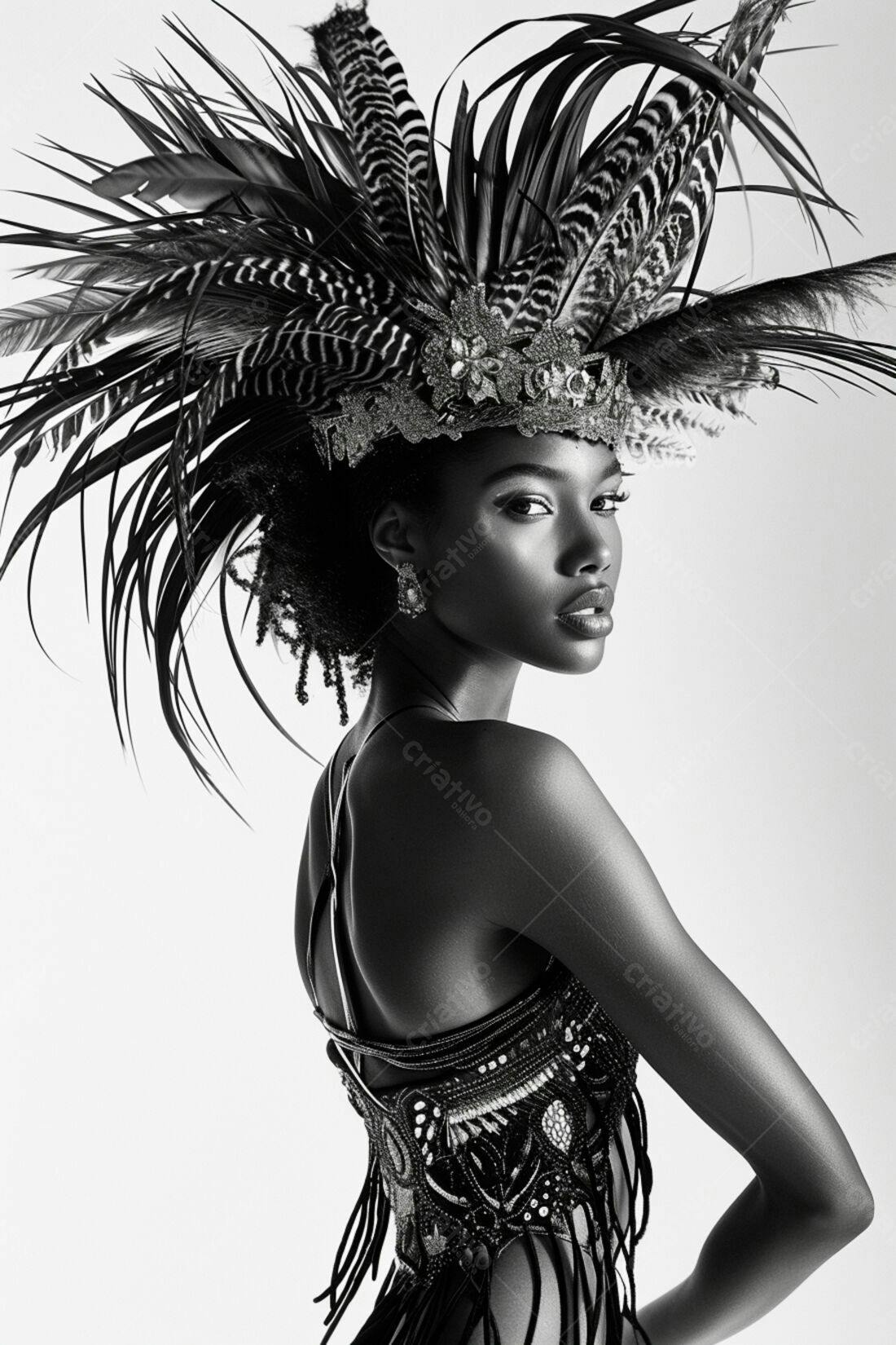 Modelo negra com enfeite de penas