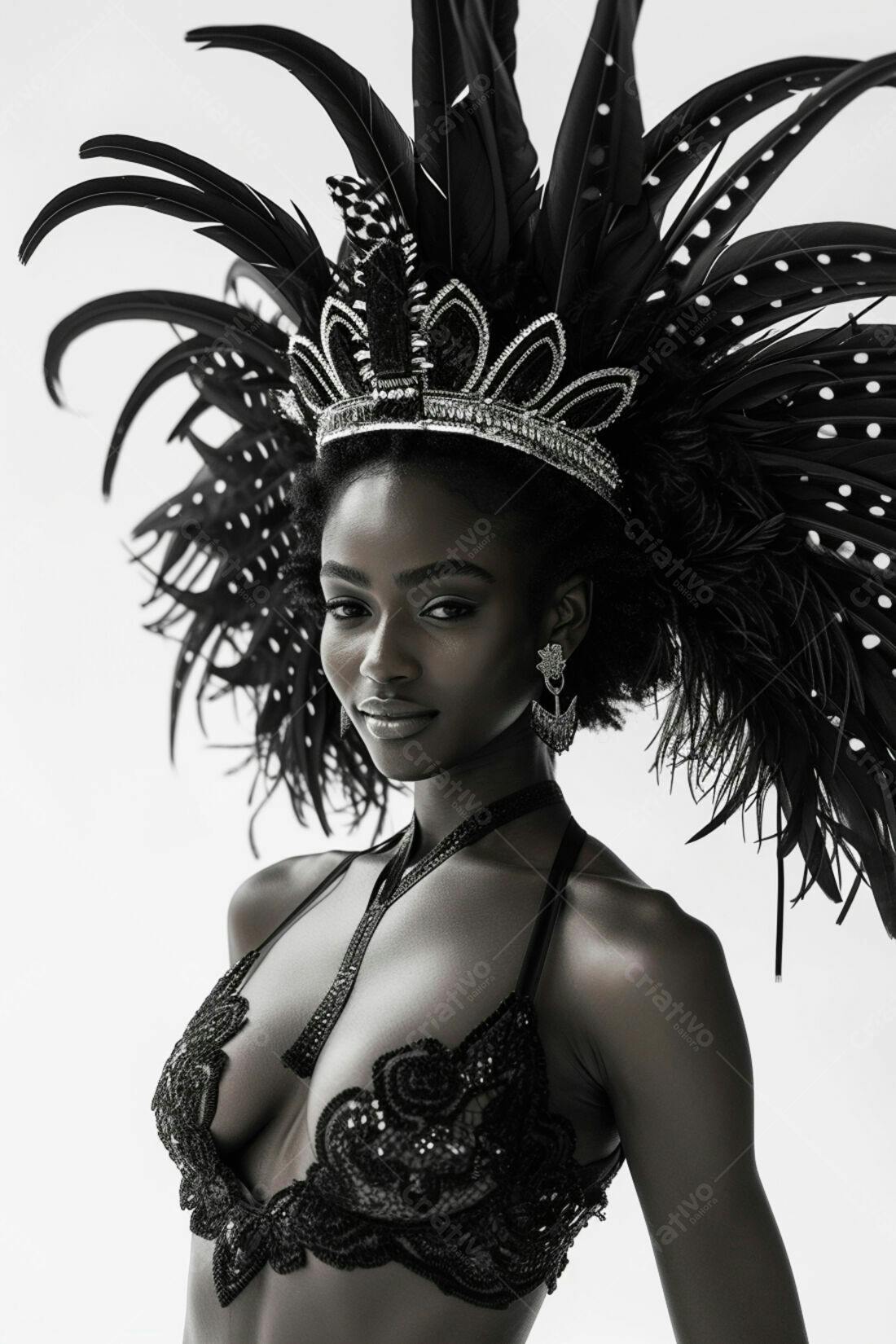 Modelo negra com coroa de penas