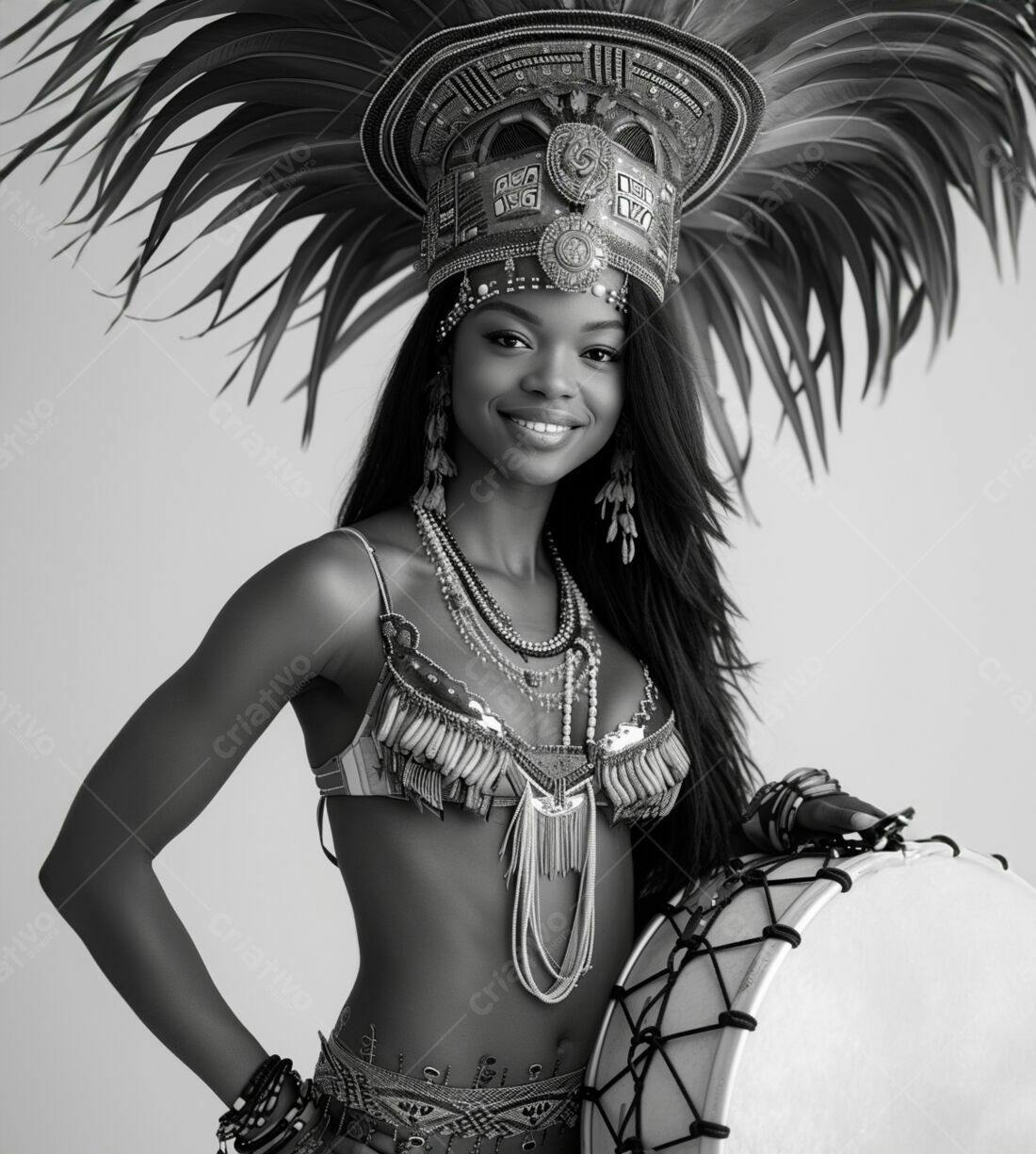 Mulher negra com traje de Carnaval e tambor
