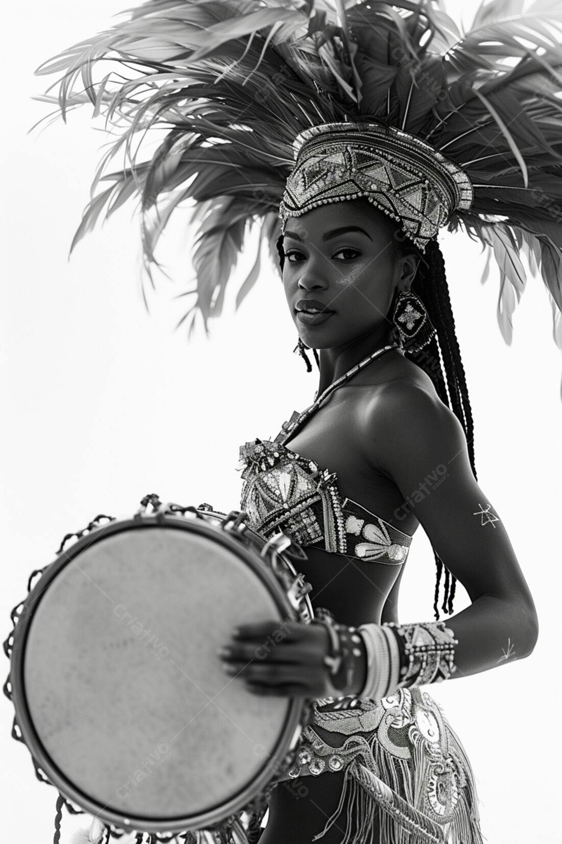 Mulher negra com tambor em fantasia de carnaval