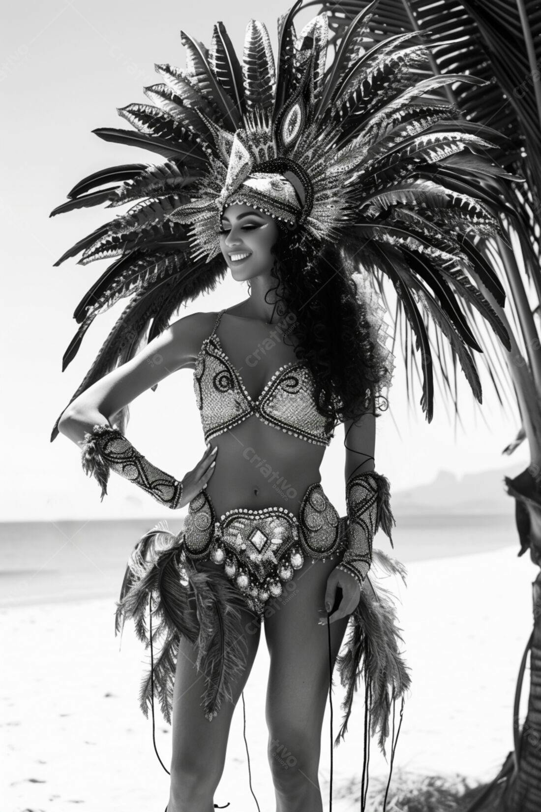 Bailarina com fantasia de penas na praia
