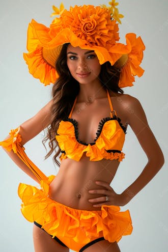 Mulher usando fantasia na cor laranja de carnaval