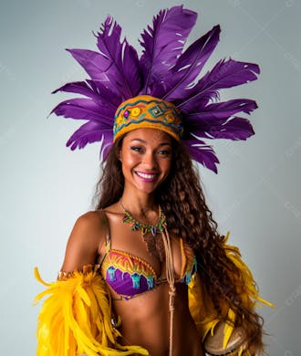 Mulher usando fantasia na cor roxo e amarelo de carnaval 1