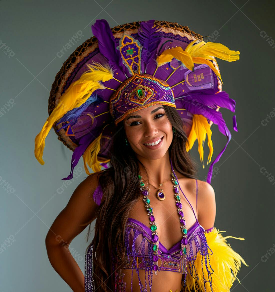 Mulher sorridente com fantasia roxa e amarela