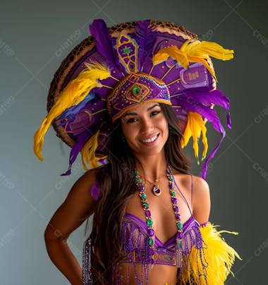 Mulher usando fantasia na cor roxo e amarelo de carnaval 2