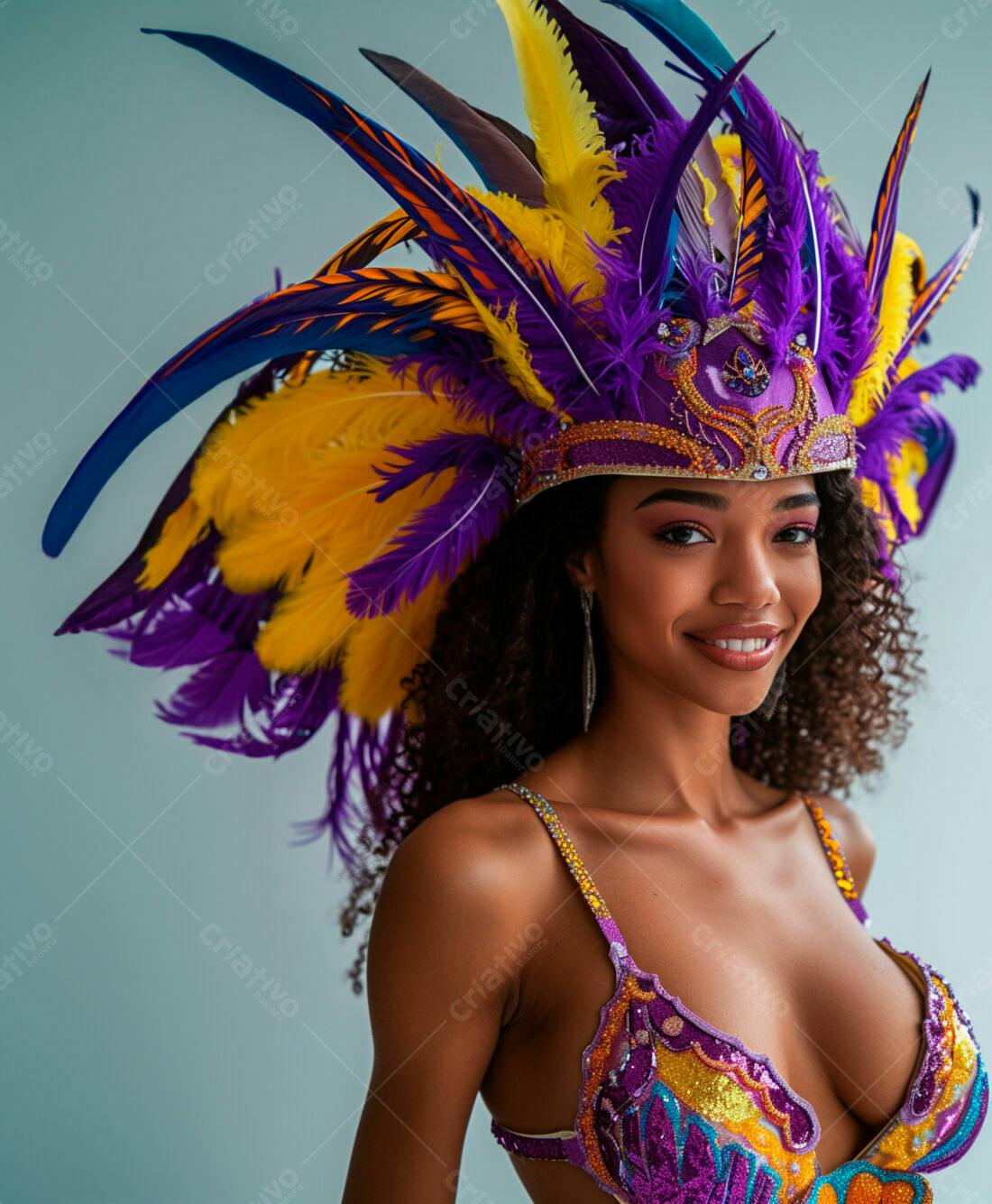 Mulher negra com fantasia de Carnaval roxa e amarela