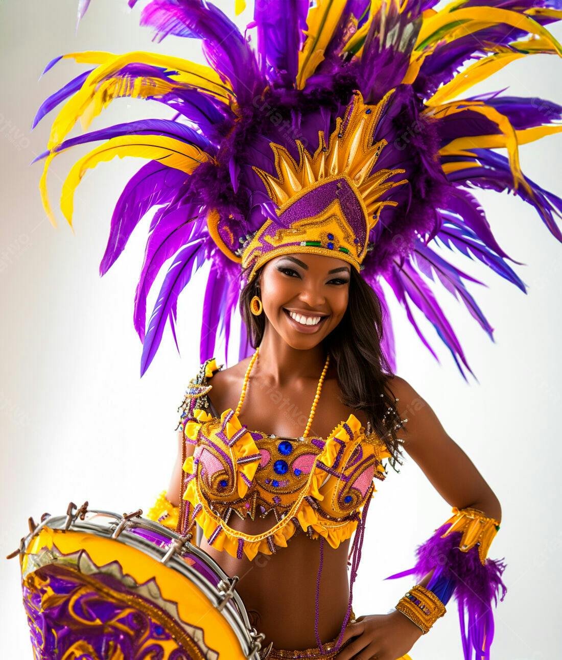 Bailarina de Carnaval com Tamborim Amarelo e Roxo