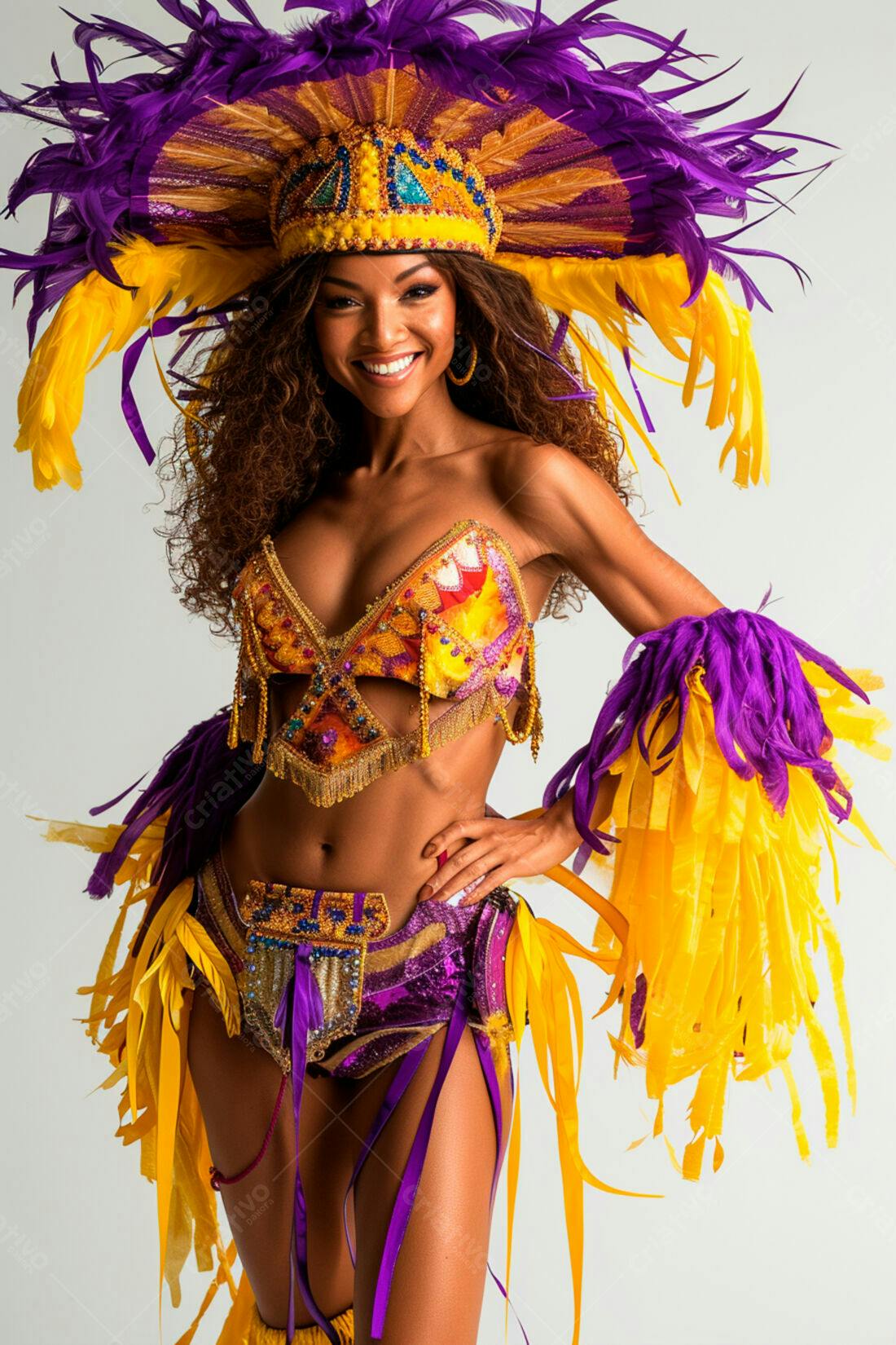 Modelo com fantasia de carnaval roxa e amarela