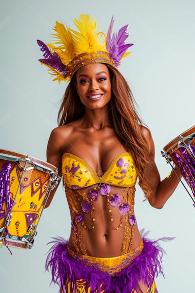 Mulher usando fantasia na cor roxo e amarelo de carnaval 7