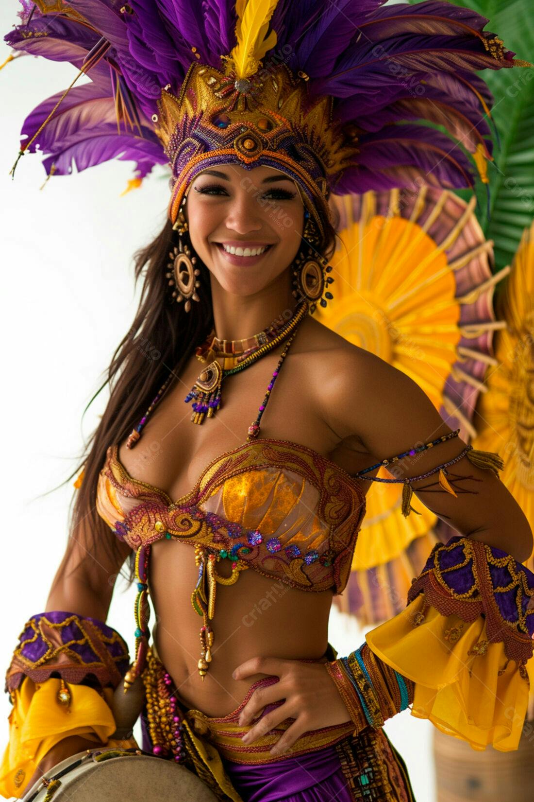Bailarina de Carnaval com traje roxo e dourado