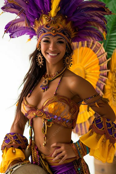 Mulher usando fantasia na cor roxo e amarelo de carnaval 8