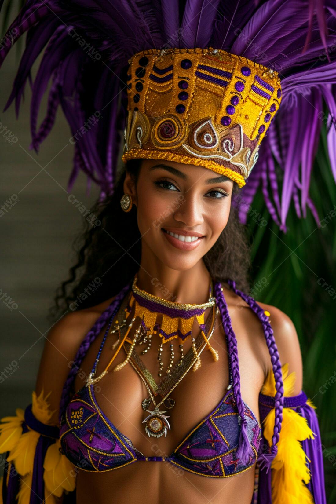 Mulher negra em fantasia carnavalesca roxa e dourada