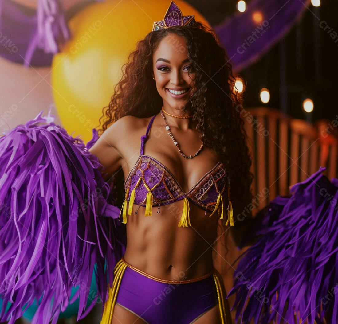 Bailarina sorridente em traje roxo carnavalesco