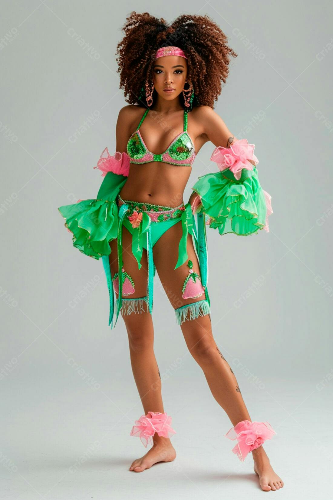 Modelo usando fantasia verde e rosa para carnaval